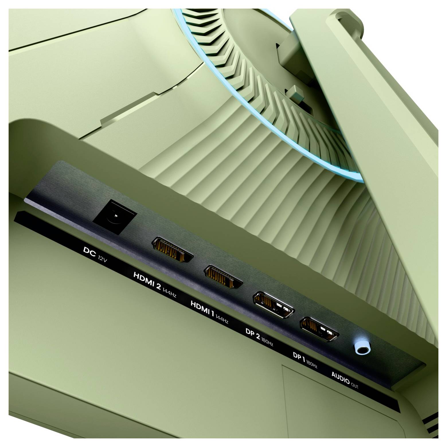 Close-up of a monitor's rear input panel showing DC 12V power, two HDMI 2.1 ports, two DisplayPort 1.4 ports, and an audio jack.