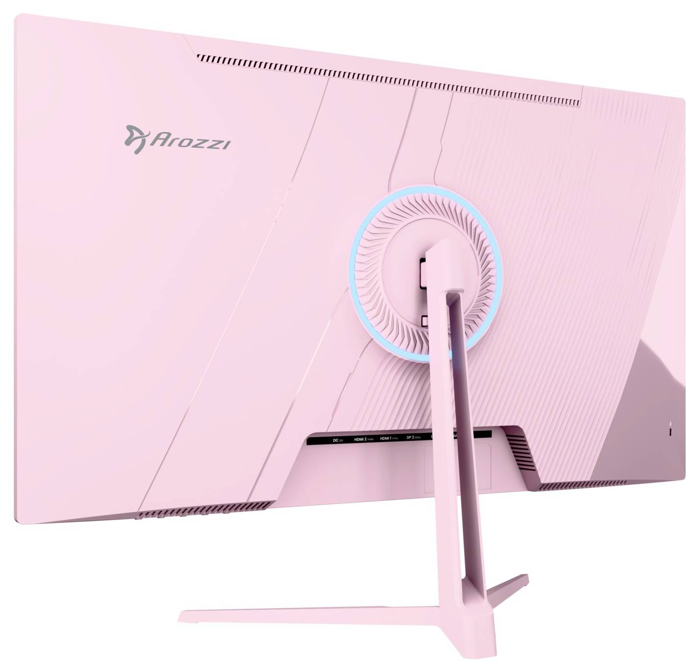 Pink Arozzi computer monitor shown from the back on a matching stand, highlighting a circular rear design detail with blue accent ring.