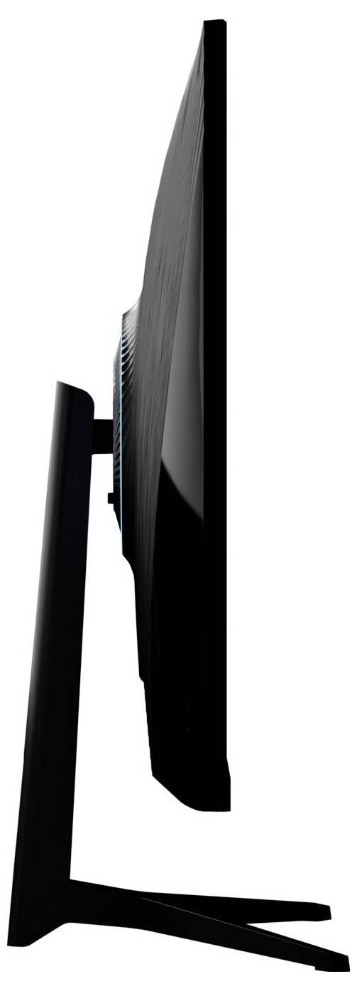 Side view of a flat-screen monitor on a stand against a white background.