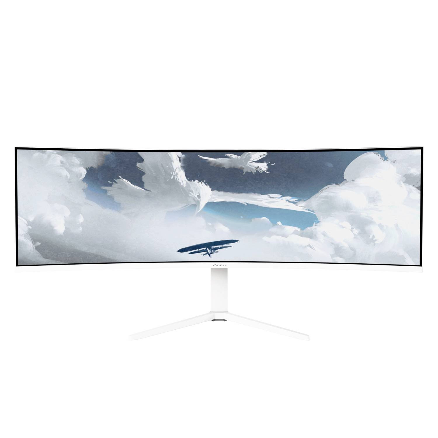 Curved widescreen monitor displaying a sky scene with clouds and a small aircraft silhouette<br>