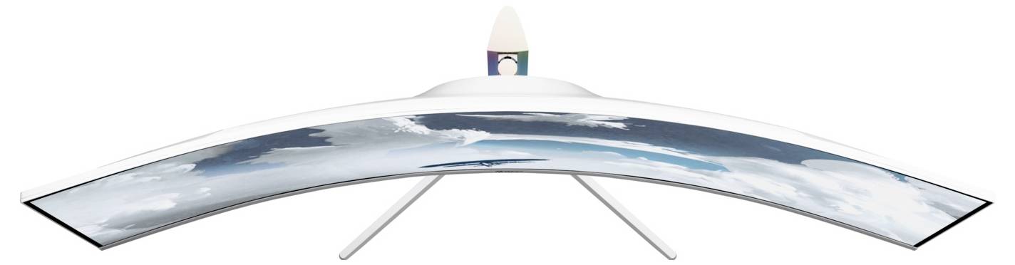 A sleek curved display or monitor showing a sky-and-ocean landscape, mounted on a central white stand.