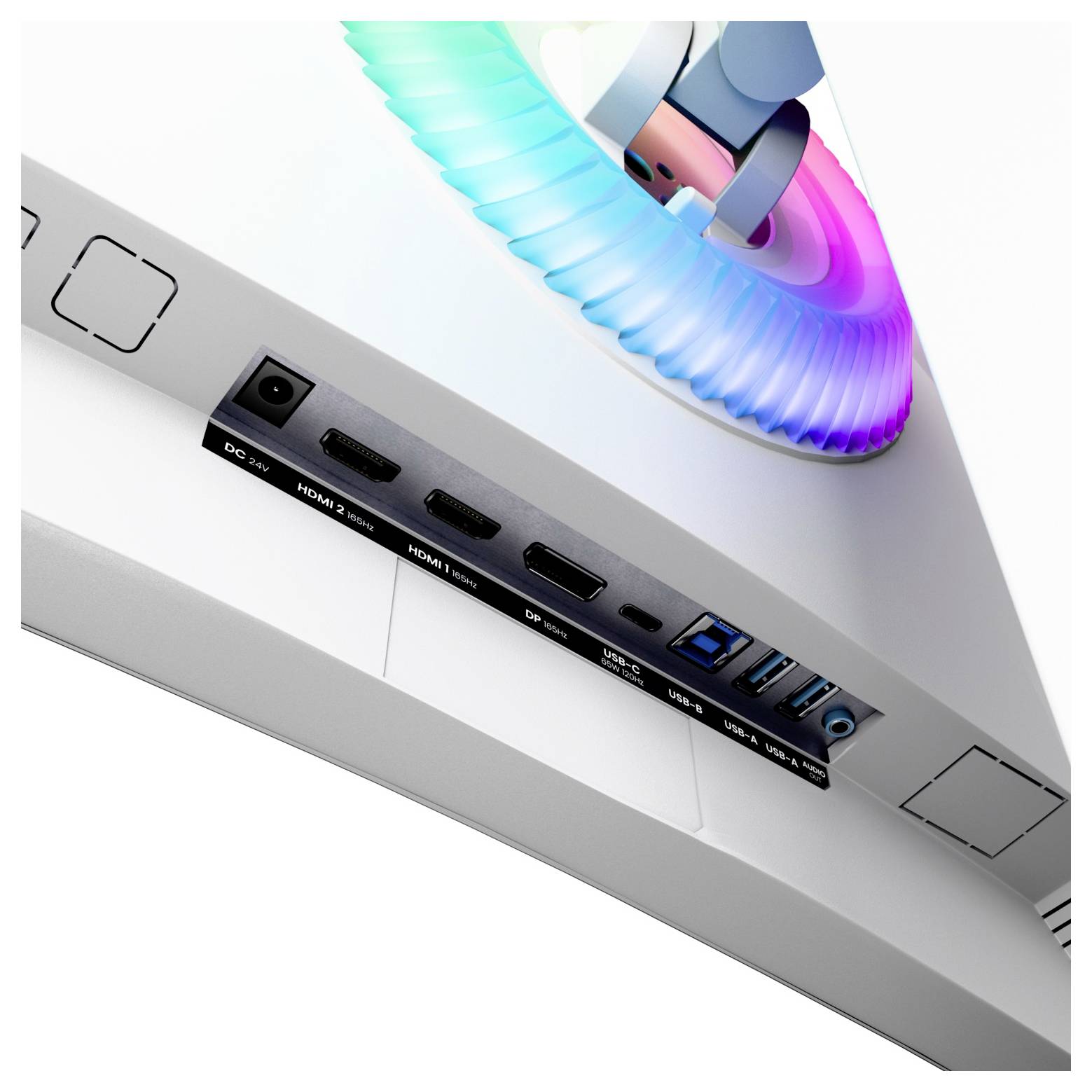 Back of a white monitor showing power, HDMI, USB-A, USB-C and audio ports, with a colorful RGB fan glowing above.<br>