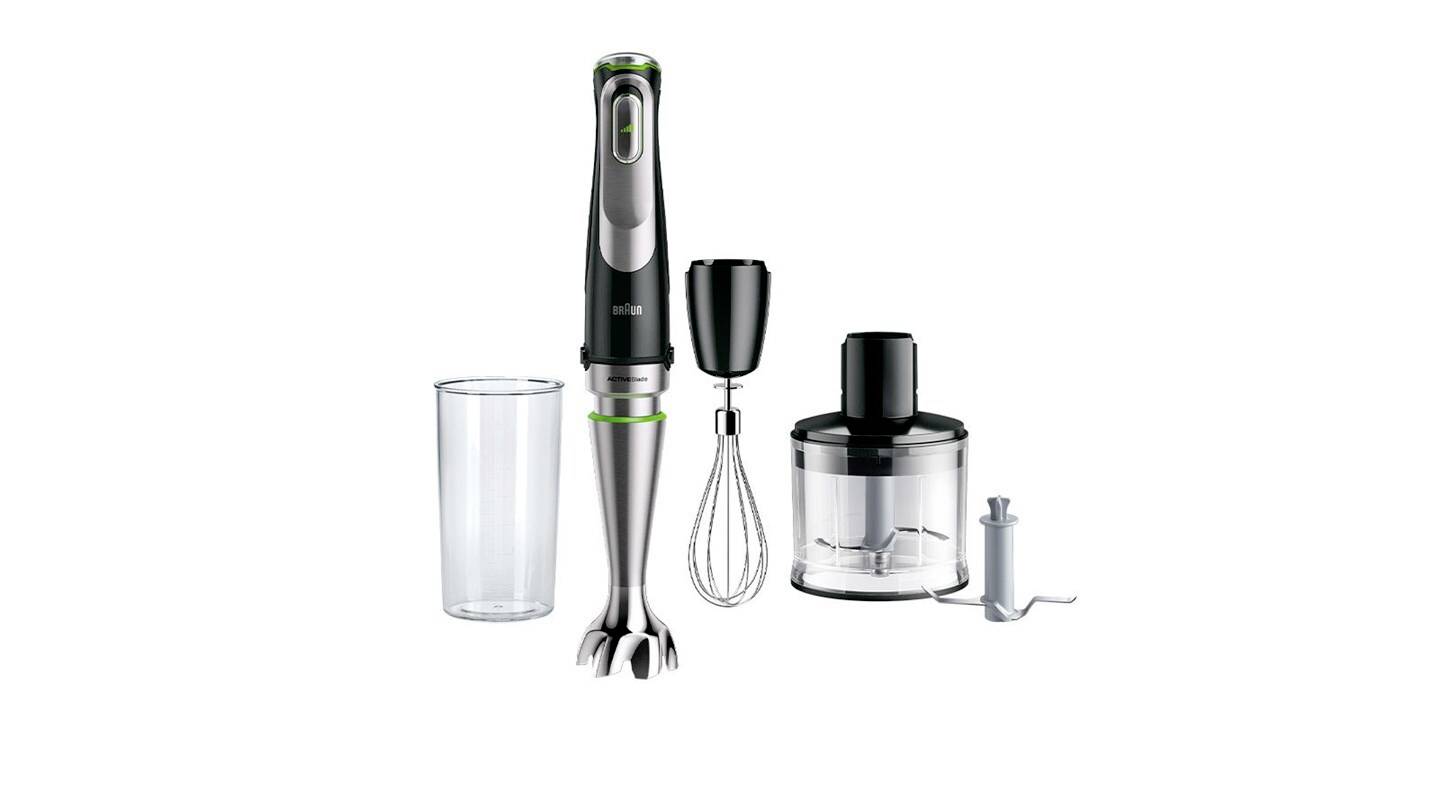 Hand blender set with blending shaft, whisk, chopper bowl, measuring cup, and egg whisk attachment on a white background.