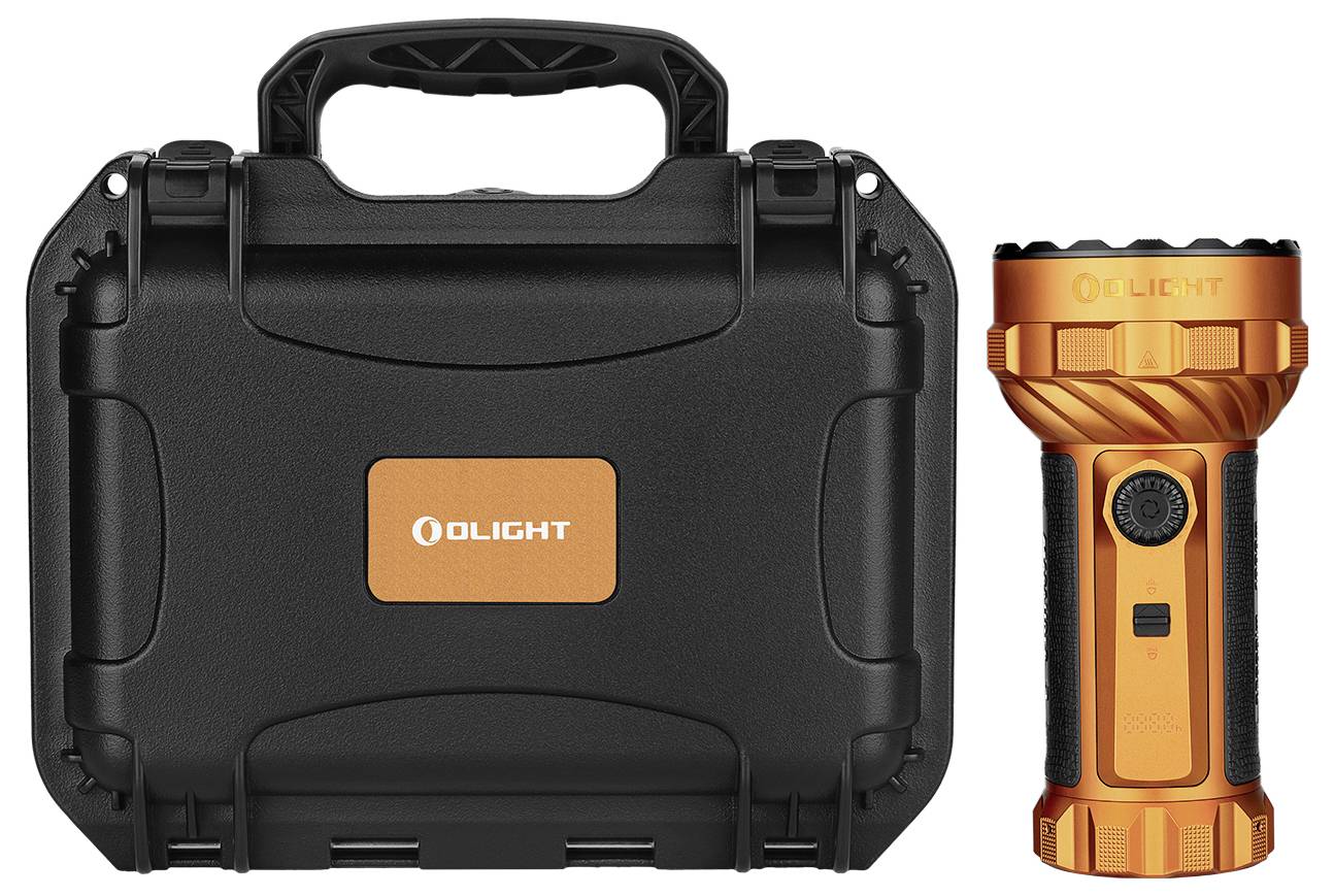 Orange Olight flashlight shown beside a rugged black hard case with carry handle, suggesting a portable protective storage kit.