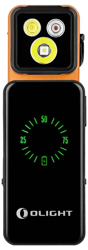 Olight portable power bank or charger with digital battery gauge and three LED indicators on a black-and-orange device.<br>