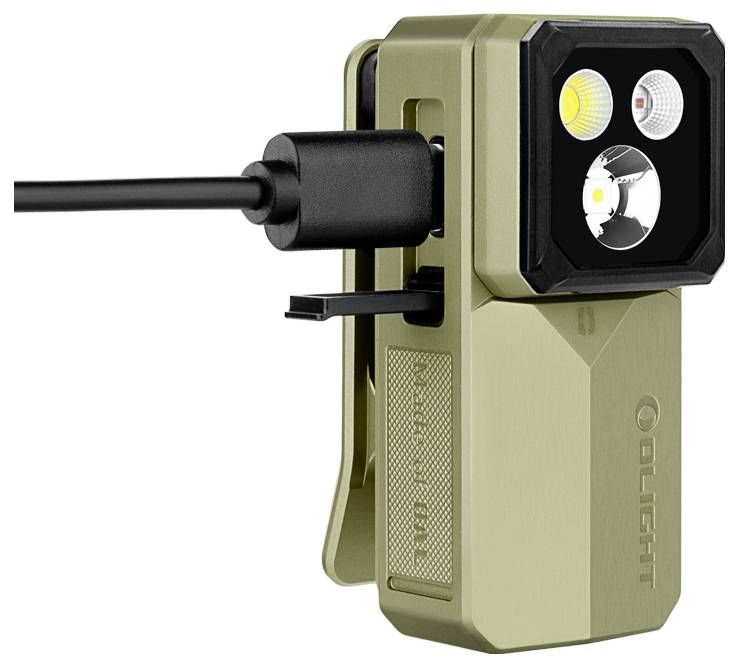 Compact tan electronic device with a cable and three front sensors/lights, likely a camera or motion sensor module.
