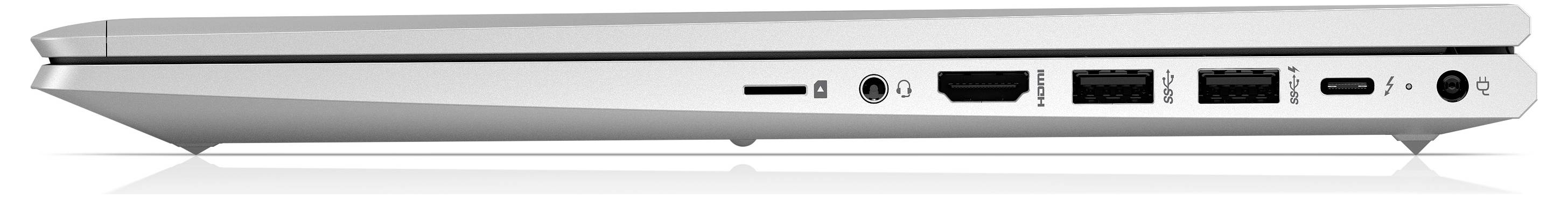 Side view of a closed silver laptop showing ports and vents along the rear edge.