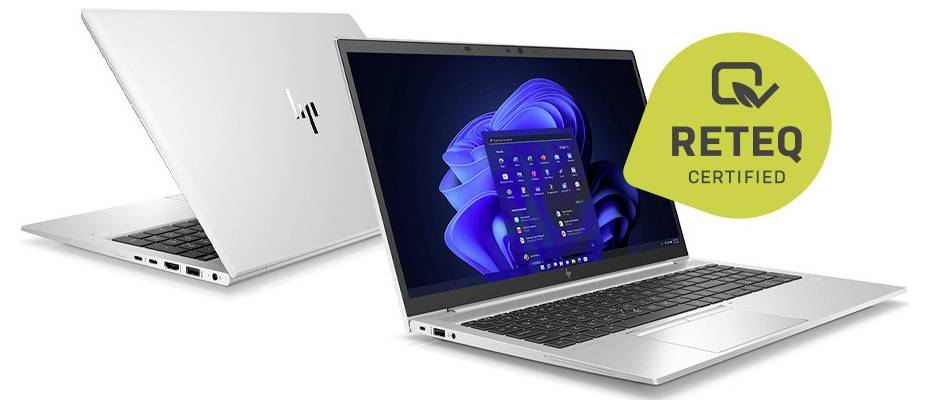 Two silver HP laptops, one open showing a Windows 11 desktop, with a yellow 'RETEQ CERTIFIED' badge.