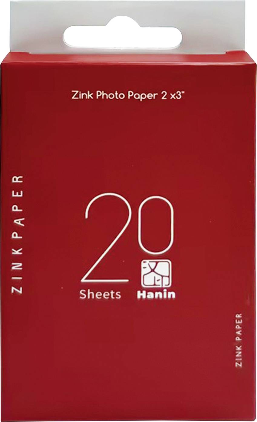 Red box of Zink Photo Paper 2x3, labeled '20 Sheets' and 'Hanin'.<br>