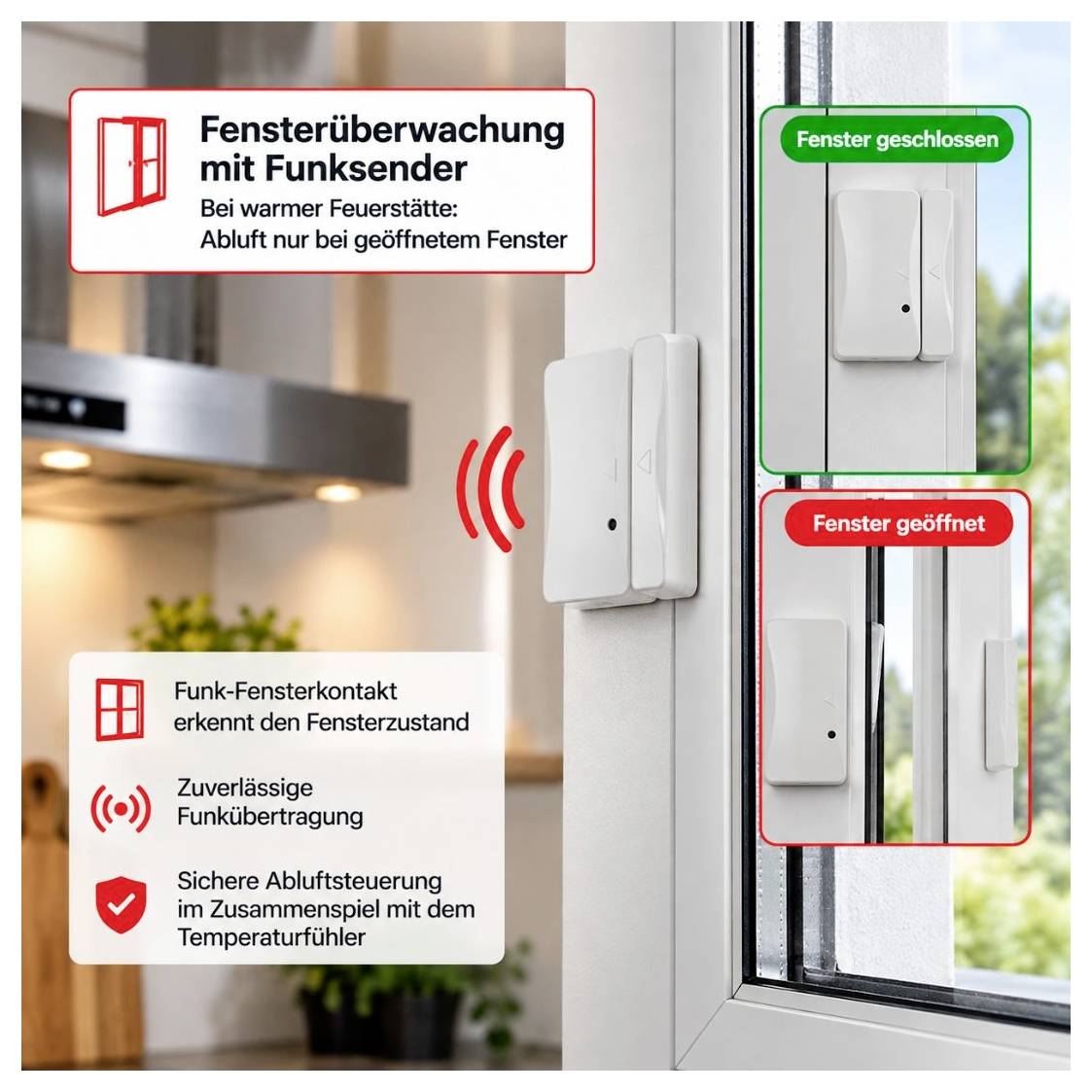 Promotional graphic for window monitoring: Wireless window contact with transmitter detects open or closed state; indication of air extraction only when window is open.