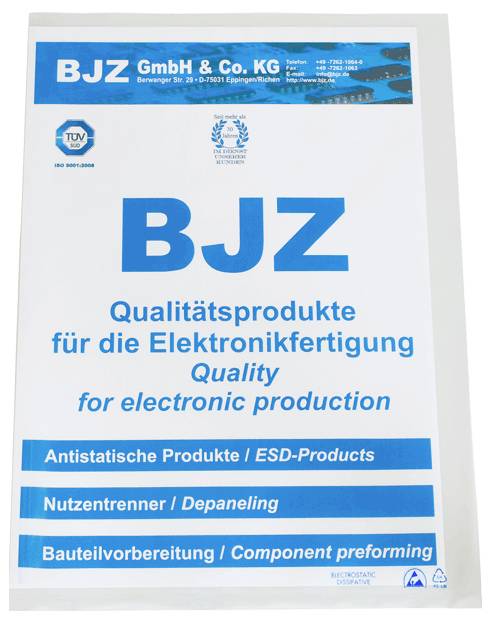 BJZ GmbH & Co. KG product brochure cover for electronic production and antistatic products, with large BJZ logo and German/English text.