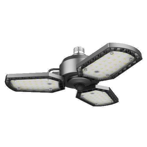 Three-panel LED garage light with adjustable folded wings around a central bulb base on a white background.