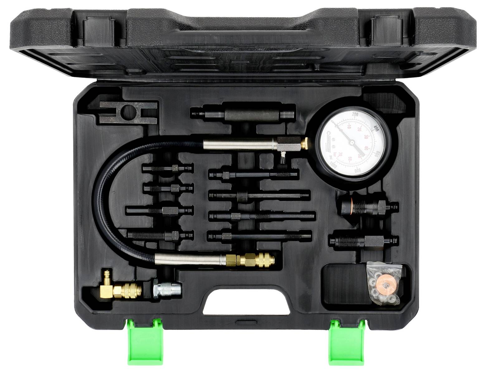 Open black carrying case with a pressure gauge, hoses, adapters, and connectors for automotive testing or fuel system diagnostics.