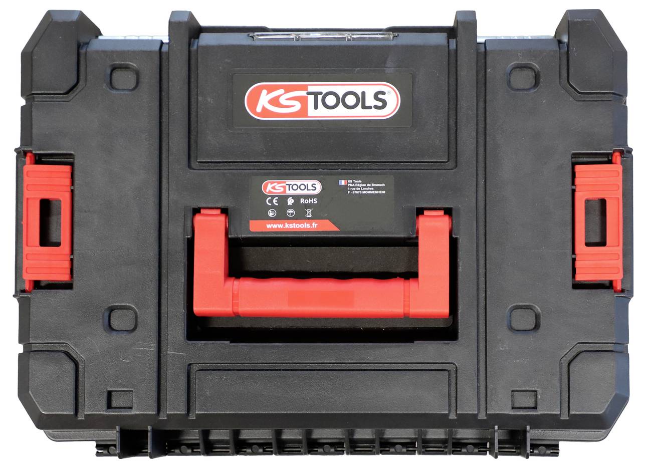 Black KS TOOLS hard case with red handle and latches, shown closed on a white background.