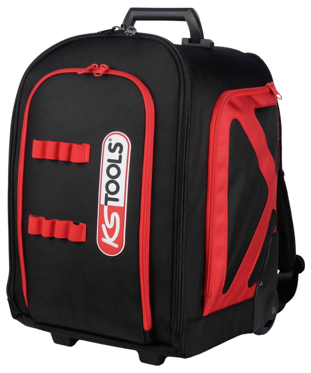 Black and red rolling toolbox bag with handle, zippered front pocket, and side straps, shown on a white background.