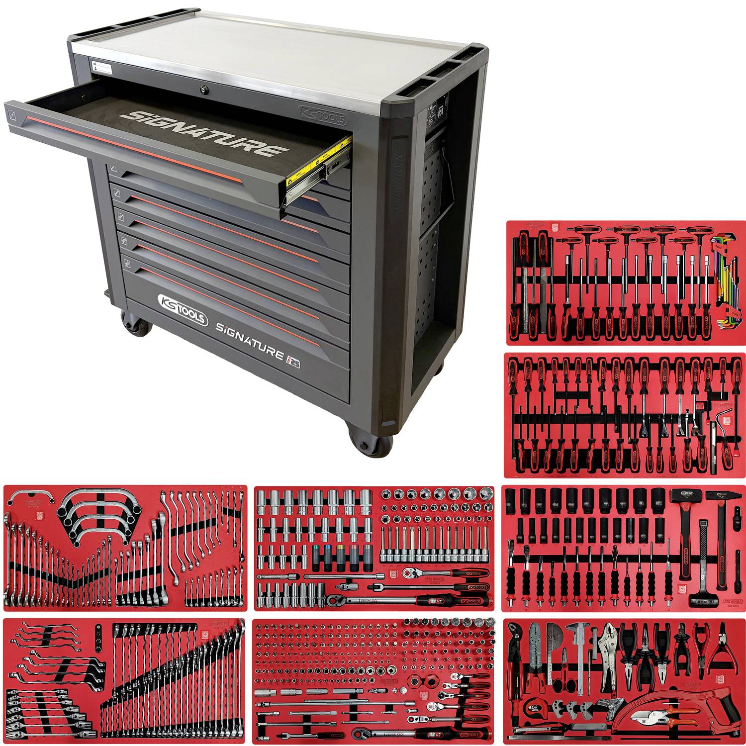 A mobile tool chest with an open top drawer and multiple red-organized tool trays showing a full mechanic’s tool set.