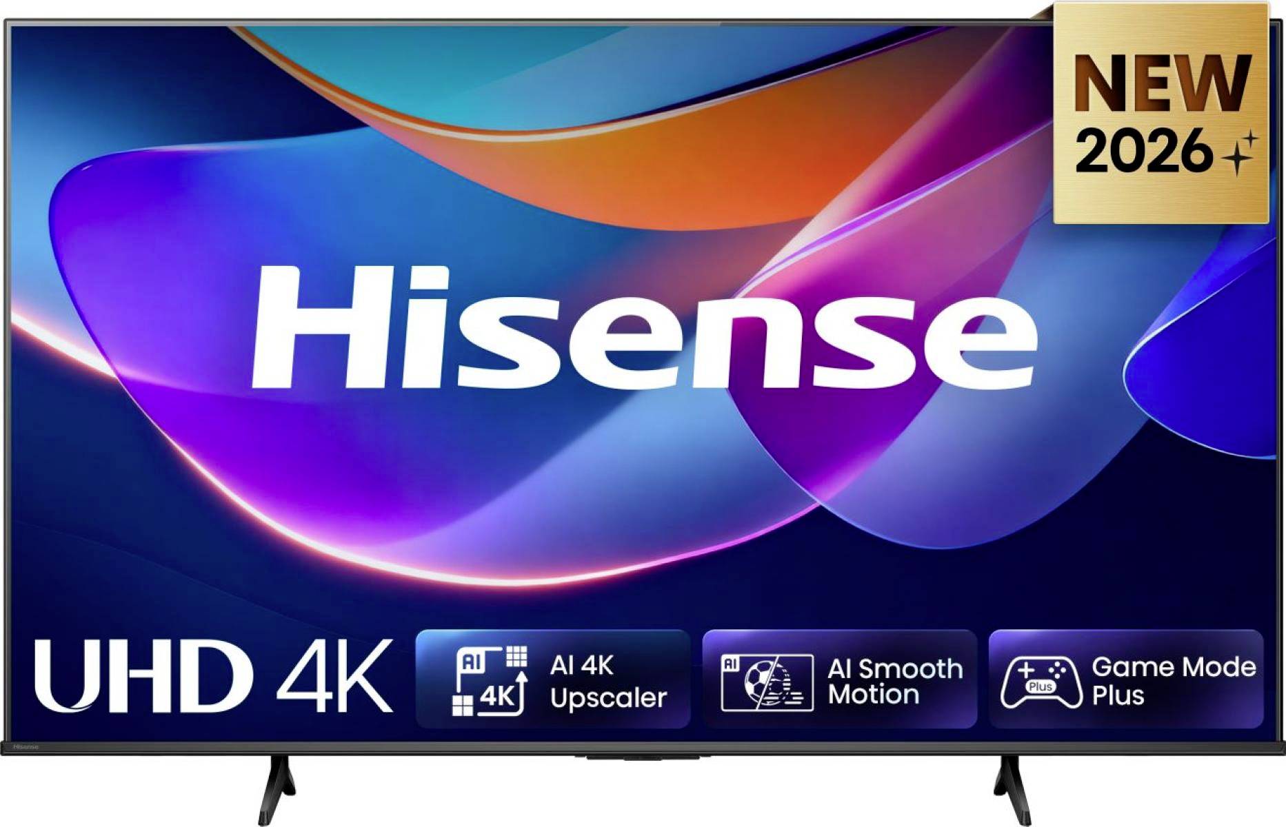 Hisense UHD 4K TV with colorful abstract display, labeled 'NEW 2026', 'AI 4K Upscaler', 'AI Smooth Motion', and 'Game Mode Plus'.<br>