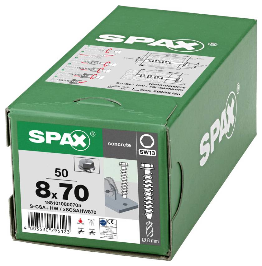 Green SPAX box of concrete screws labeled '8x70' and 'SW13', with product diagrams and installation details on the packaging.