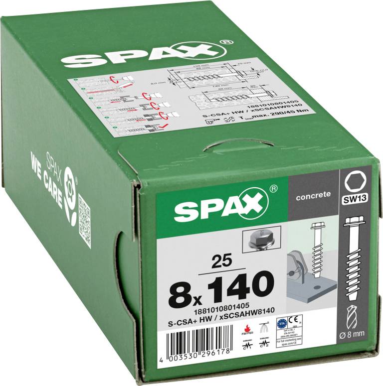 Green SPAX box of concrete screws, labeled '8 x 140', size 8 mm, quantity 25, with product diagram and SW13 icon.
