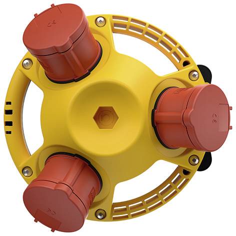 Yellow circular electrical connector with three red capped ports arranged around the center.