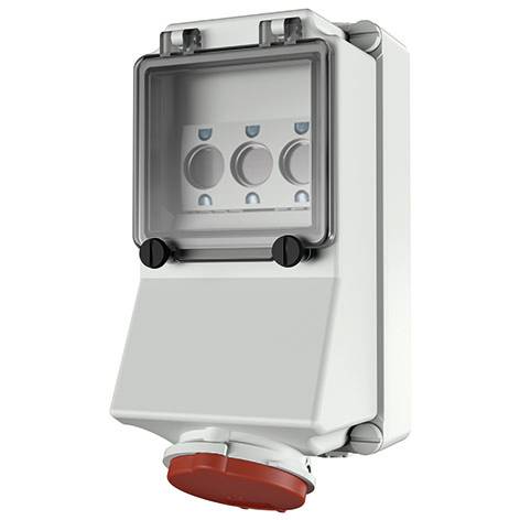 Weatherproof electrical outlet box with a clear hinged cover and red industrial plug socket attached<br>