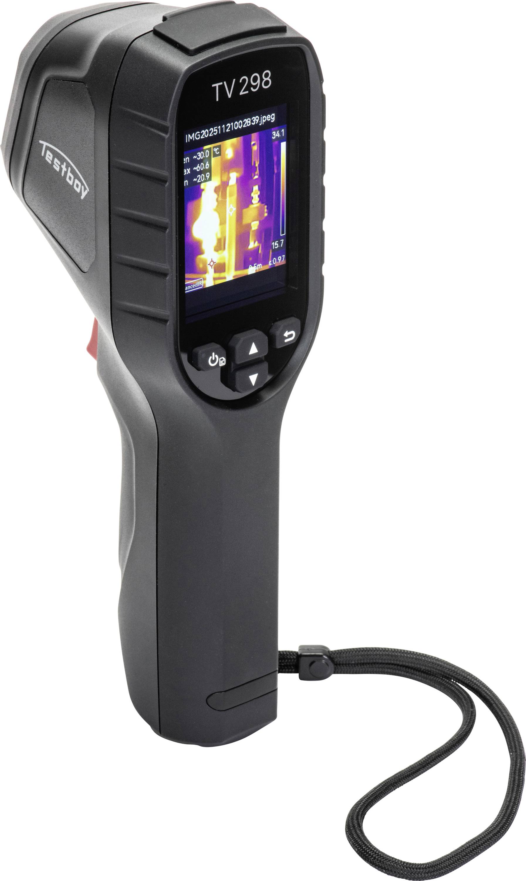 Handheld thermal imaging camera showing a heat map on its screen, with wrist strap attached.