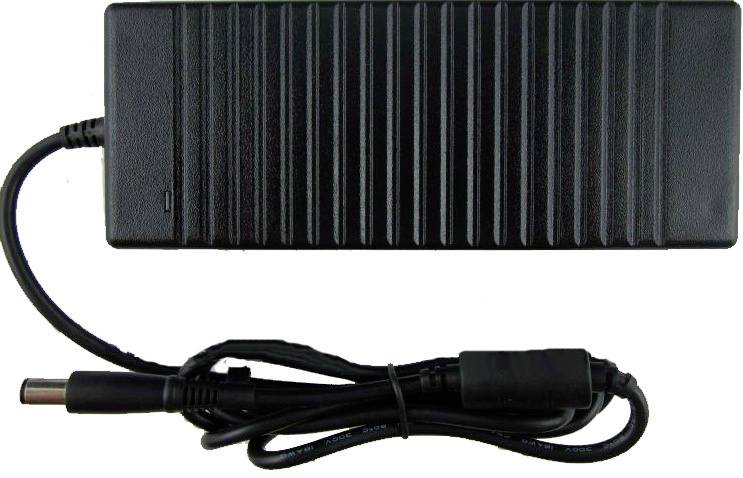 Black rectangular power adapter with attached cord and barrel connector plug on a white background.