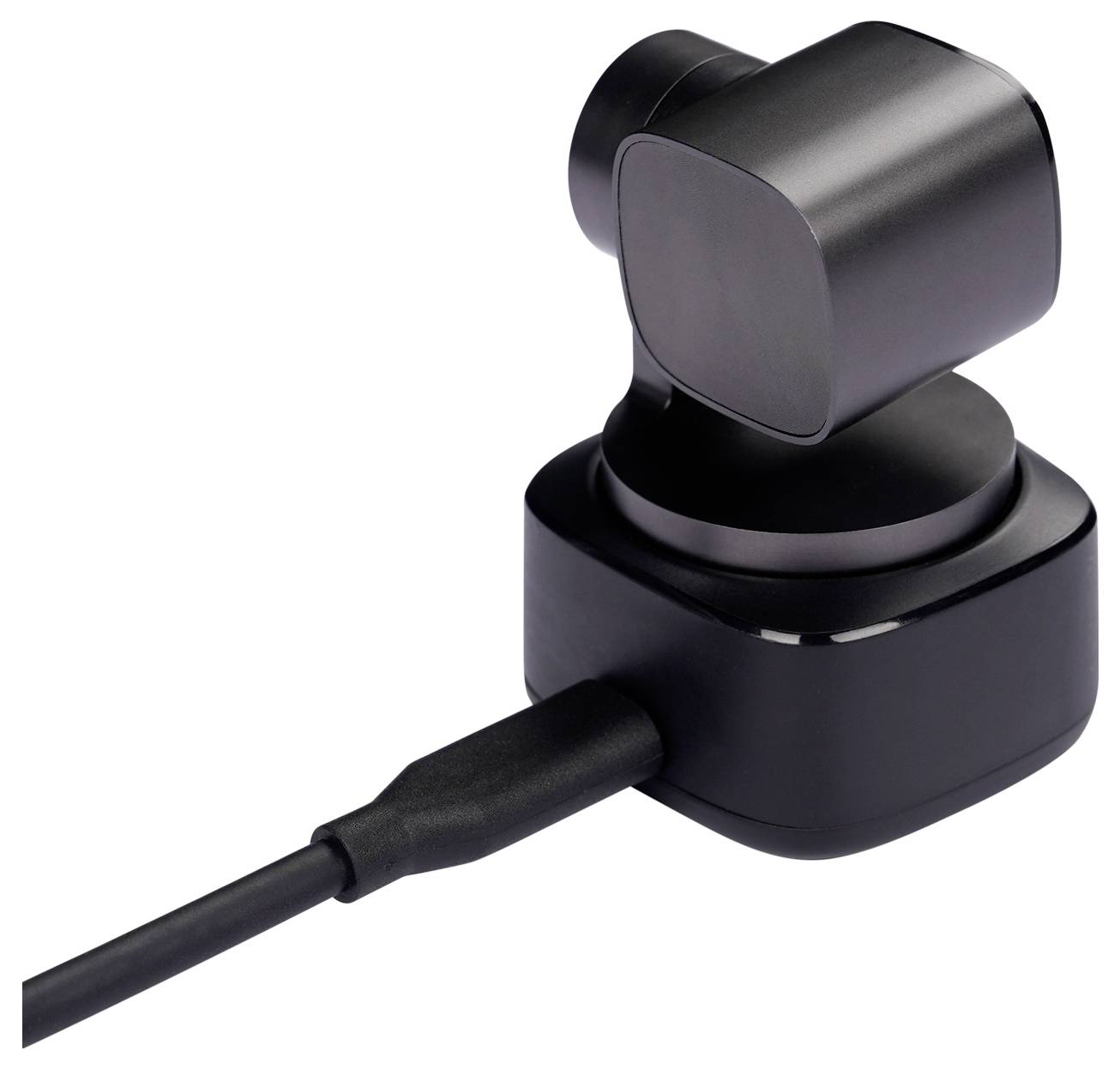 Black wired camera or sensor device with a compact swivel head on a square base, shown on a white background.<br>
