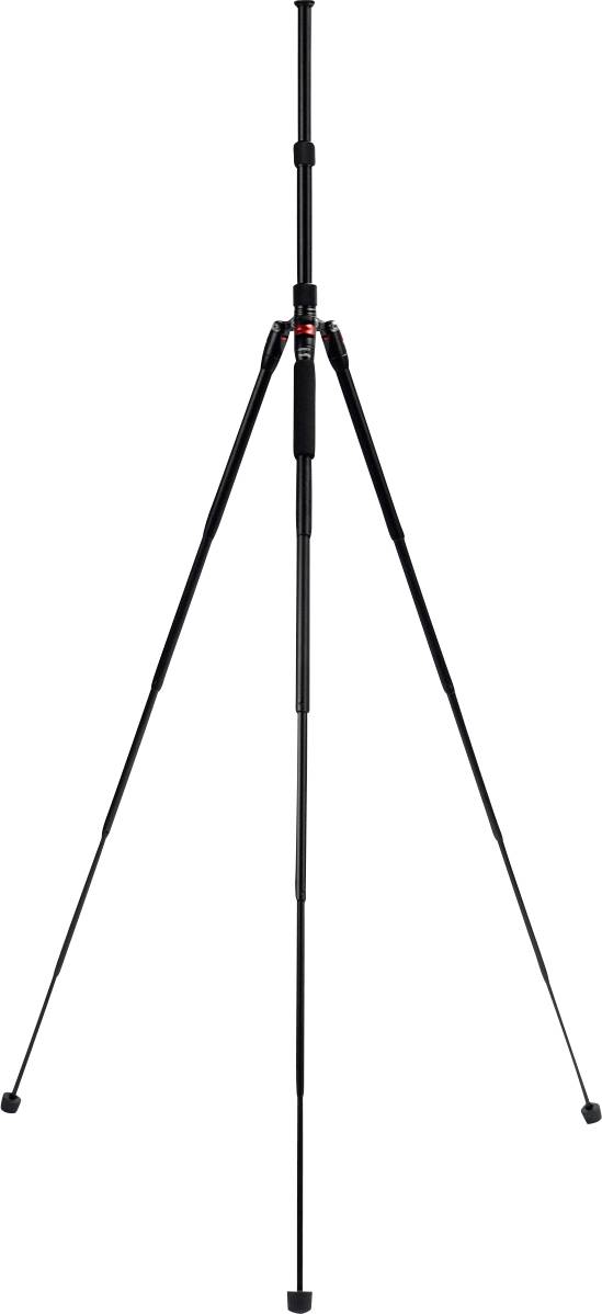 Black camera tripod with three adjustable legs fully extended against a white background.