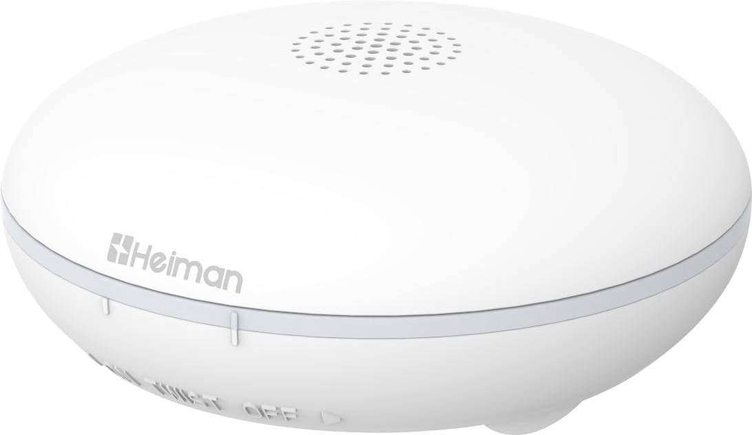 White Heiman smoke alarm detector with perforated top speaker grille and side test/reset switch.