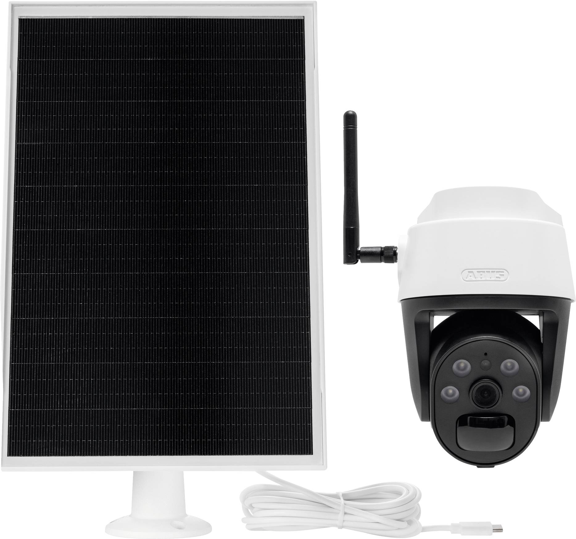 Solar panel and wireless security camera kit with antenna and connecting cable on a white background.