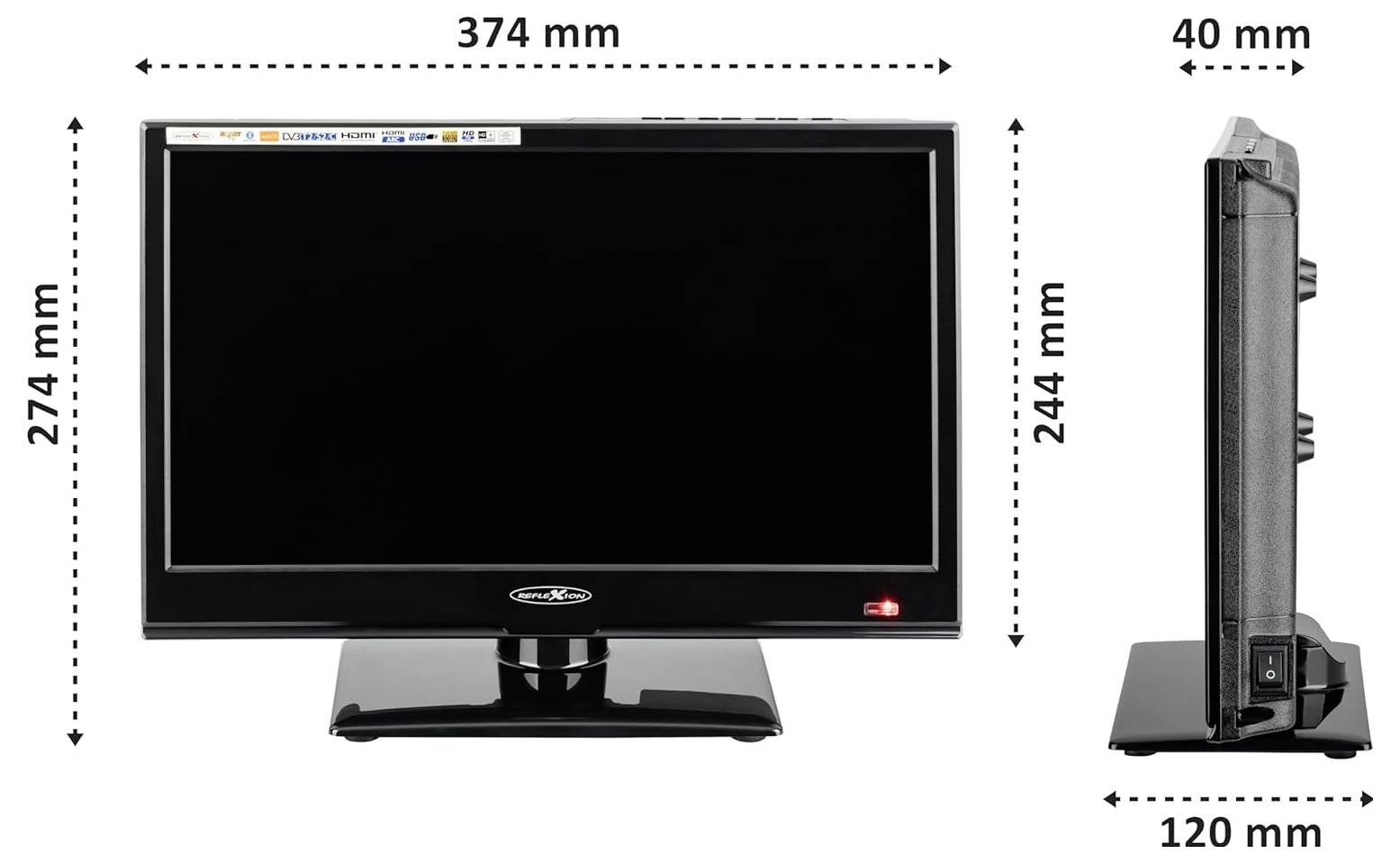 Flat-screen monitor shown front and side view with dimensions labeled: 374 mm wide, 274 mm tall, 244 mm high, and 120 mm deep.