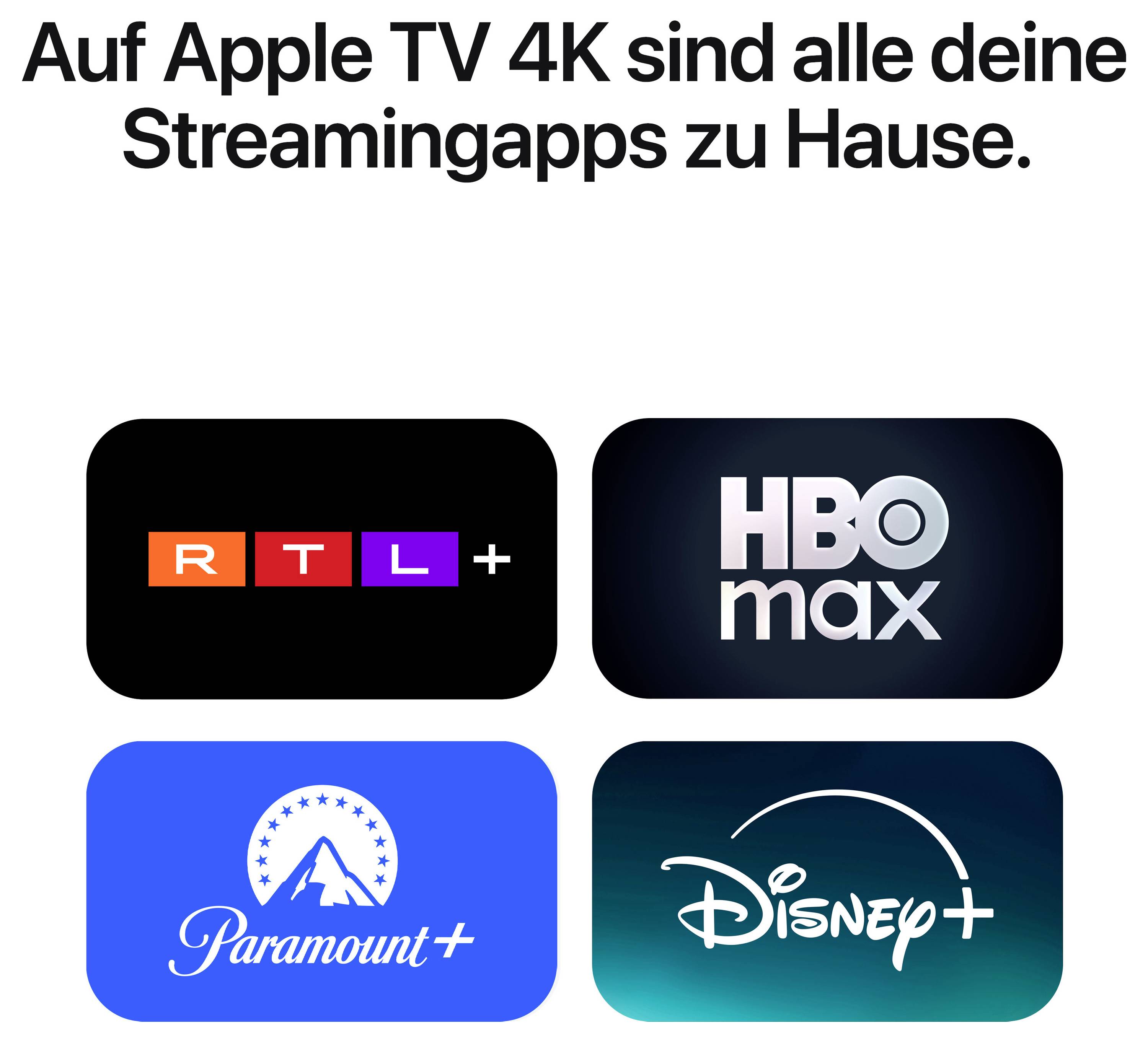 Advertising for Apple TV 4K with the text 'All your streaming apps are at home on Apple TV 4K' and logos of RTL+, HBO Max, Paramount+ and Disney+.