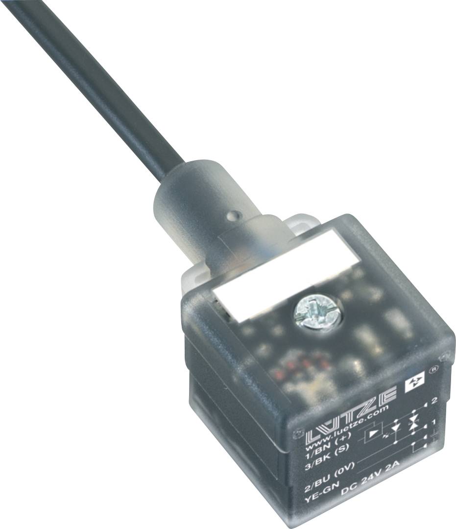 Close-up of a black electronic sensor or control module attached to a cable, with a labeled face and indicator window on a white background.