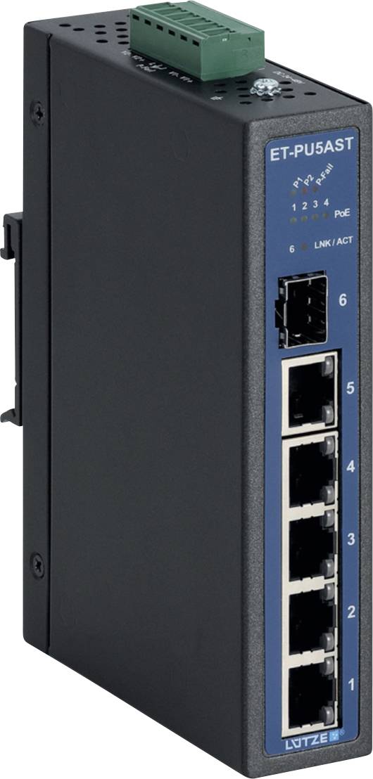 Industrial Ethernet switch module with six numbered RJ45 ports, LEDs, and label 'ET-PU5AST' on the front panel.