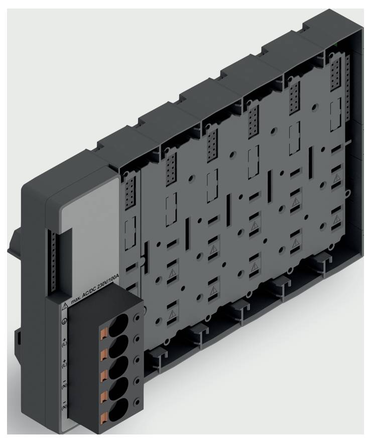3D render of a modular electronic control unit with stacked circuit board slots and a black connector block on the left side.