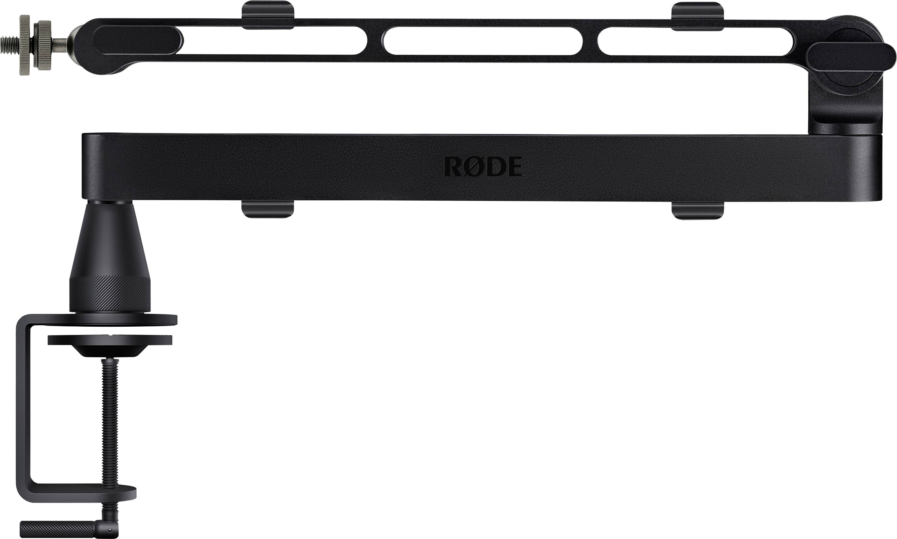 Black RODE adjustable boom arm microphone stand with clamp mount on a white background.