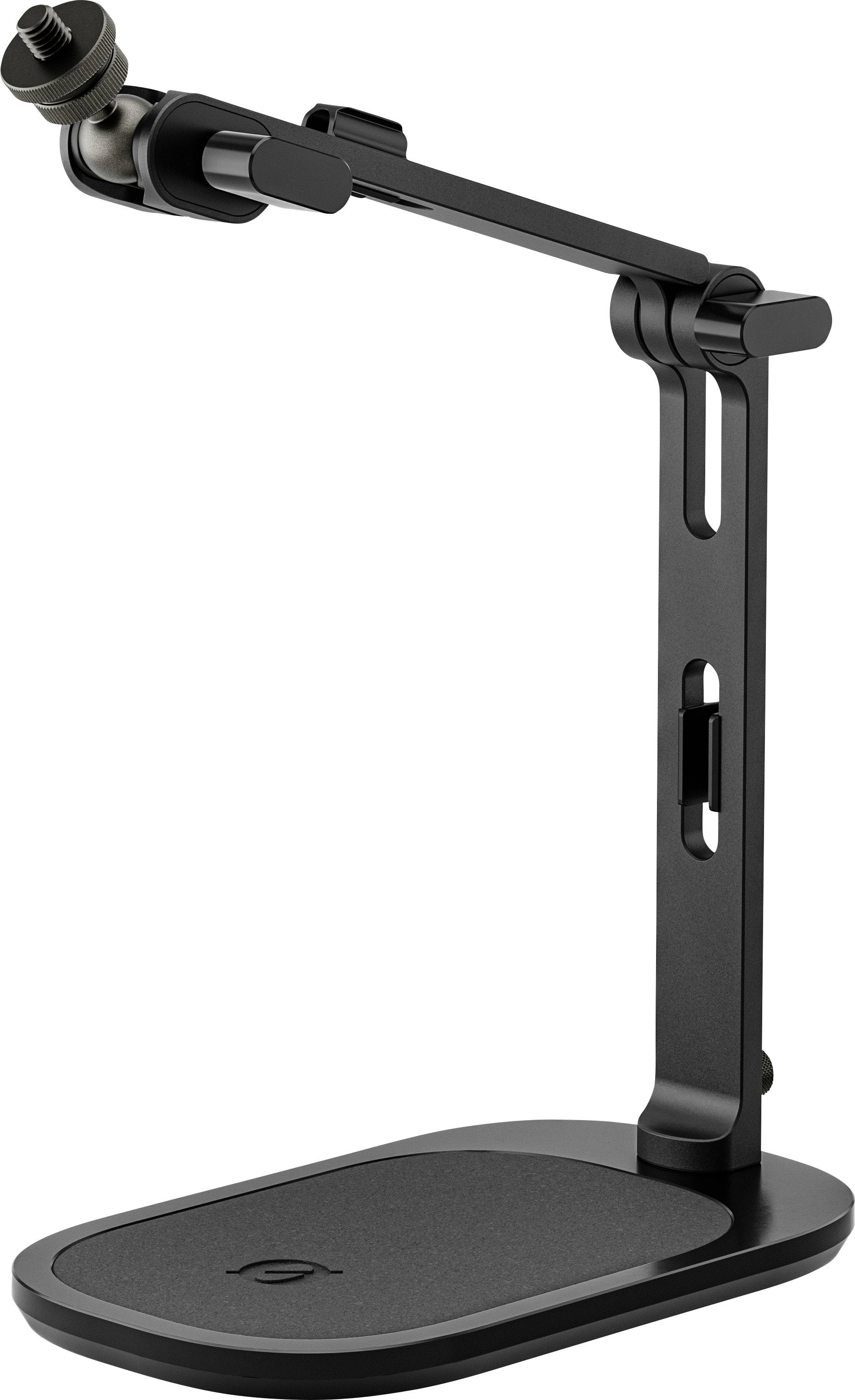 Black adjustable desk microphone stand with padded base and articulated boom arm, shown on a white background.