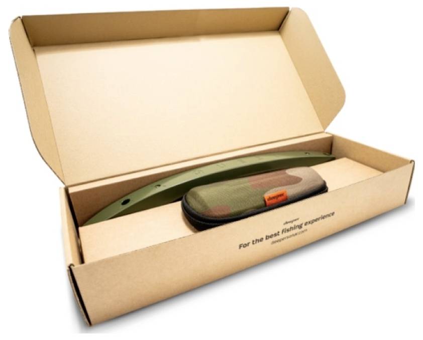 Open cardboard shipping box containing a fishing rod case and green rod section, with 'For the best fishing experience' printed on the box.