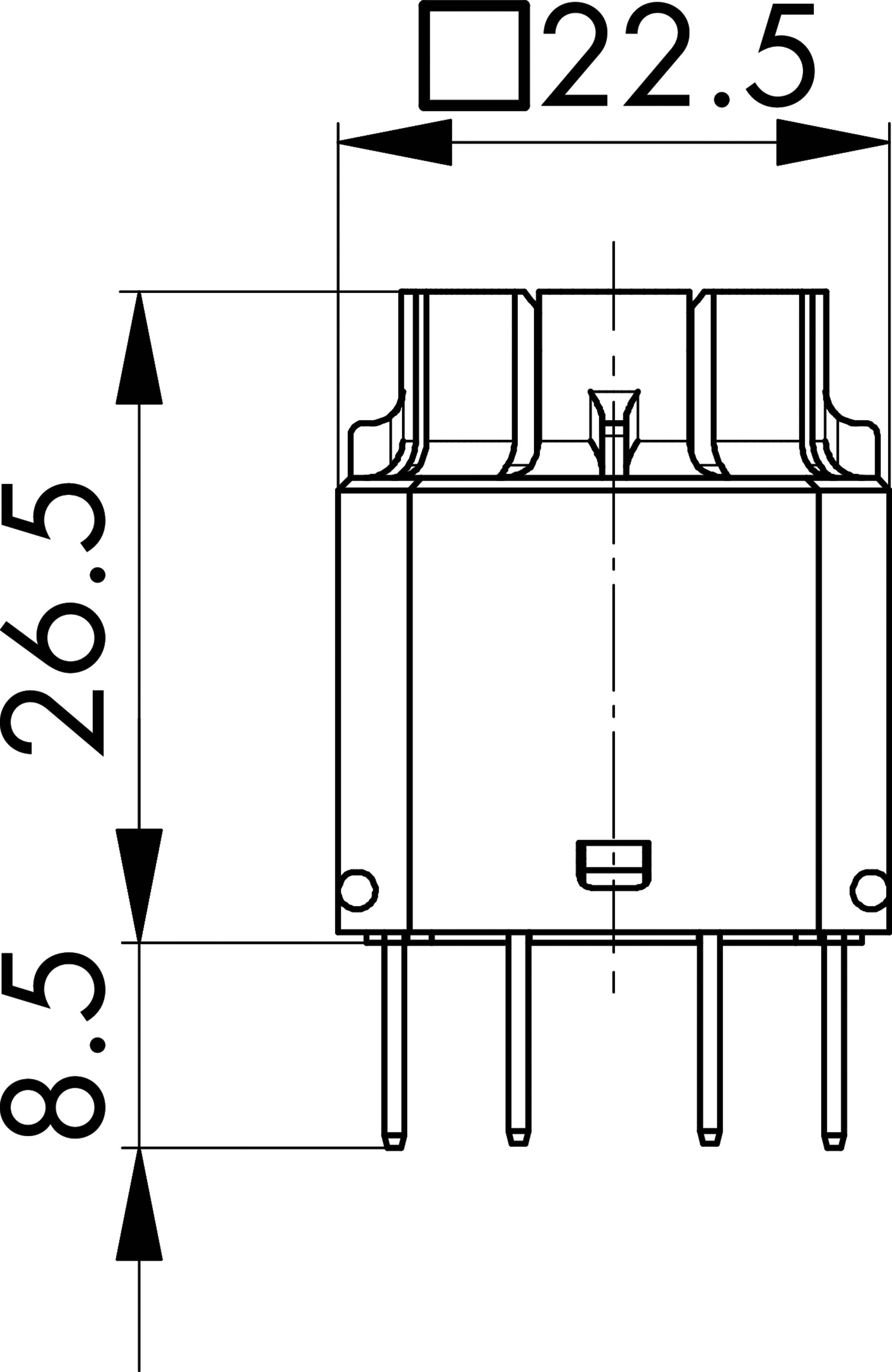 Technical drawing of a component with dimensions 22.5, 26.5, and 8.5, showing a front view with pins at the bottom.