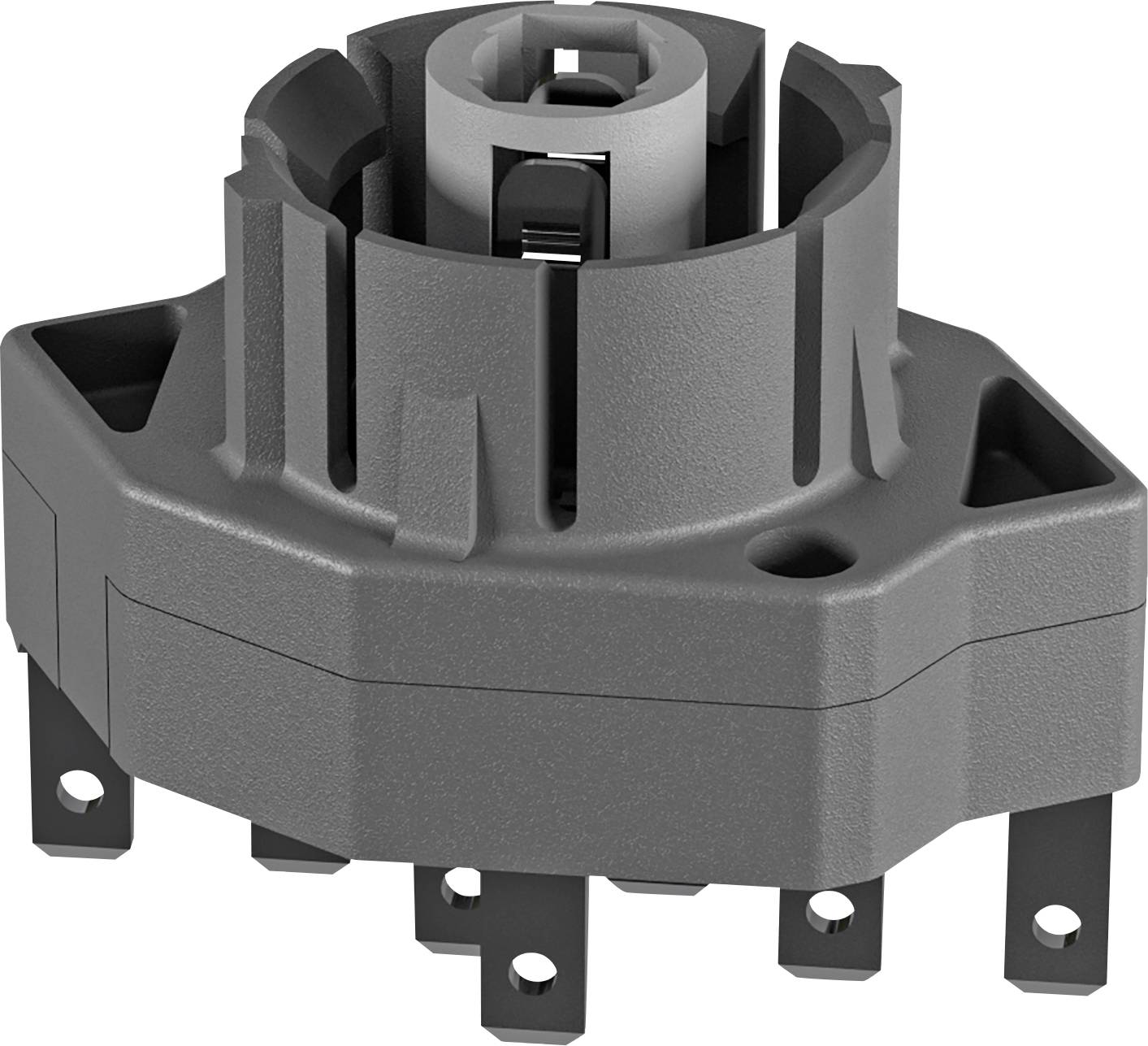 Close-up of a gray plastic rotary switch or connector housing with multiple metal terminals, shown on a white background.