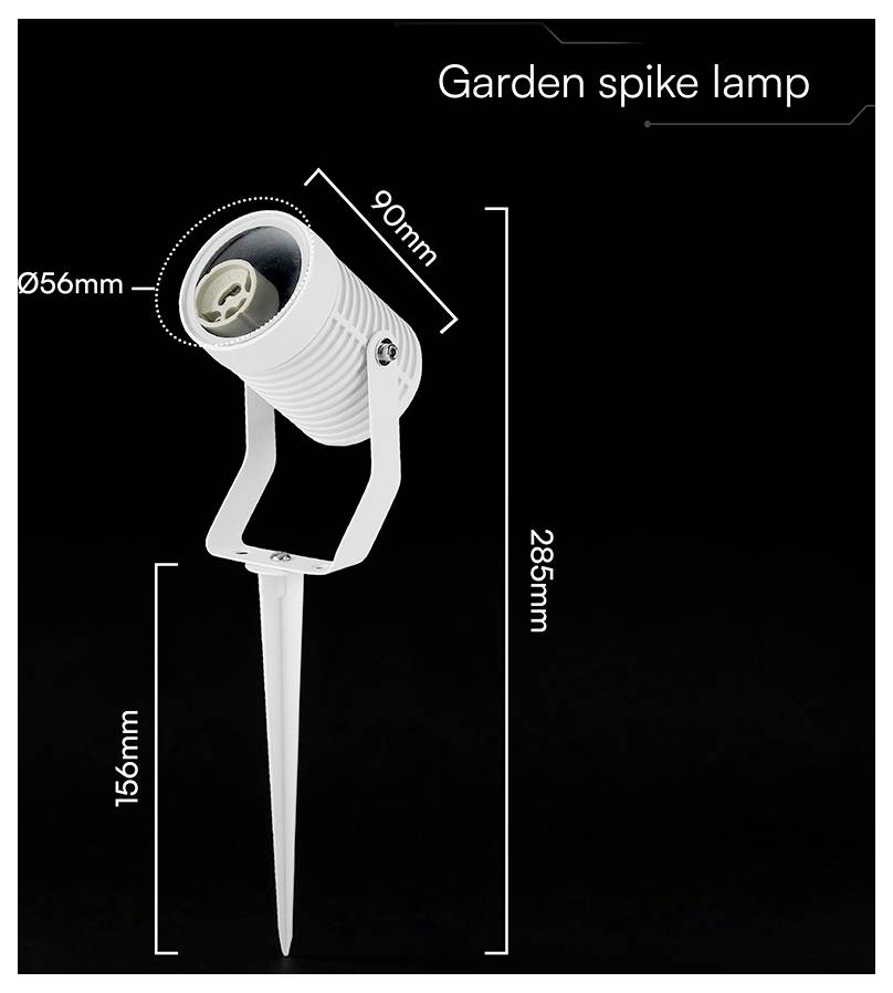 Dimensioned diagram of a 'Garden spike lamp' showing a white spotlight on a stake, with measurements: 285 mm overall height, 156 mm stake, 90 mm head, 56 mm diameter.