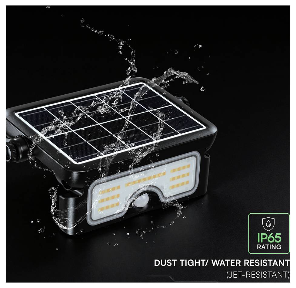 Solar-powered outdoor LED light shown with water splashing, labeled IP65 rated and dust tight/water resistant for jet resistance.