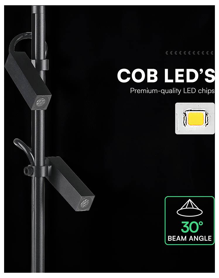 Promotional graphic of adjustable track lights with text 'COB LED'S' and 'Premium-quality LED chips', showing a 30° beam angle icon and LED chip close-up.