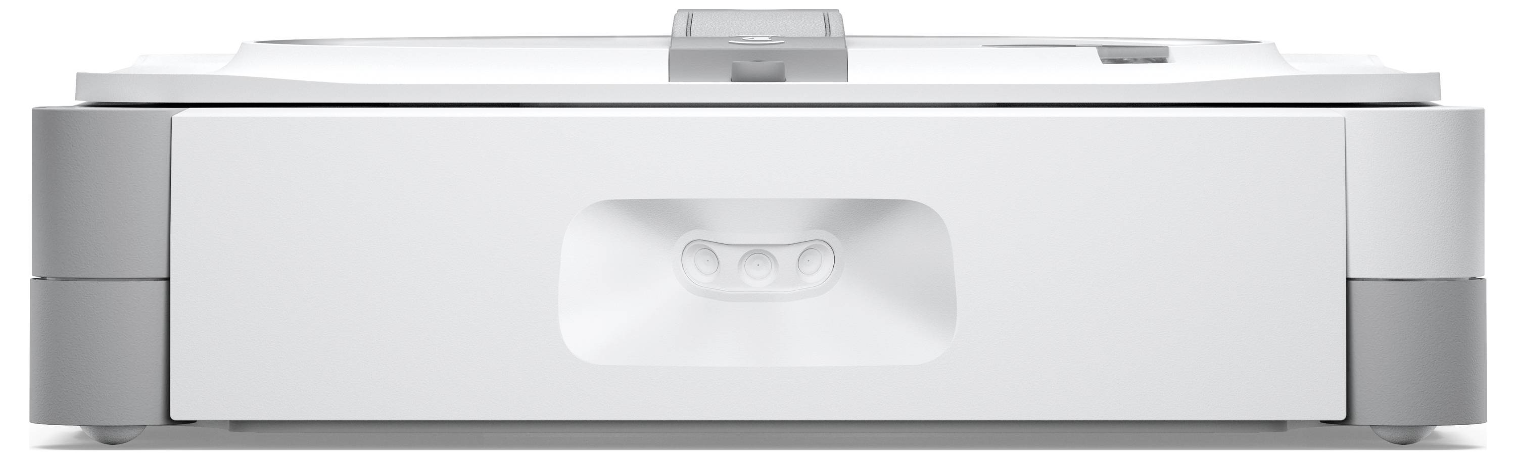 Front view of a white multifunction printer/scanner with paper tray and control panel, shown against a plain background.