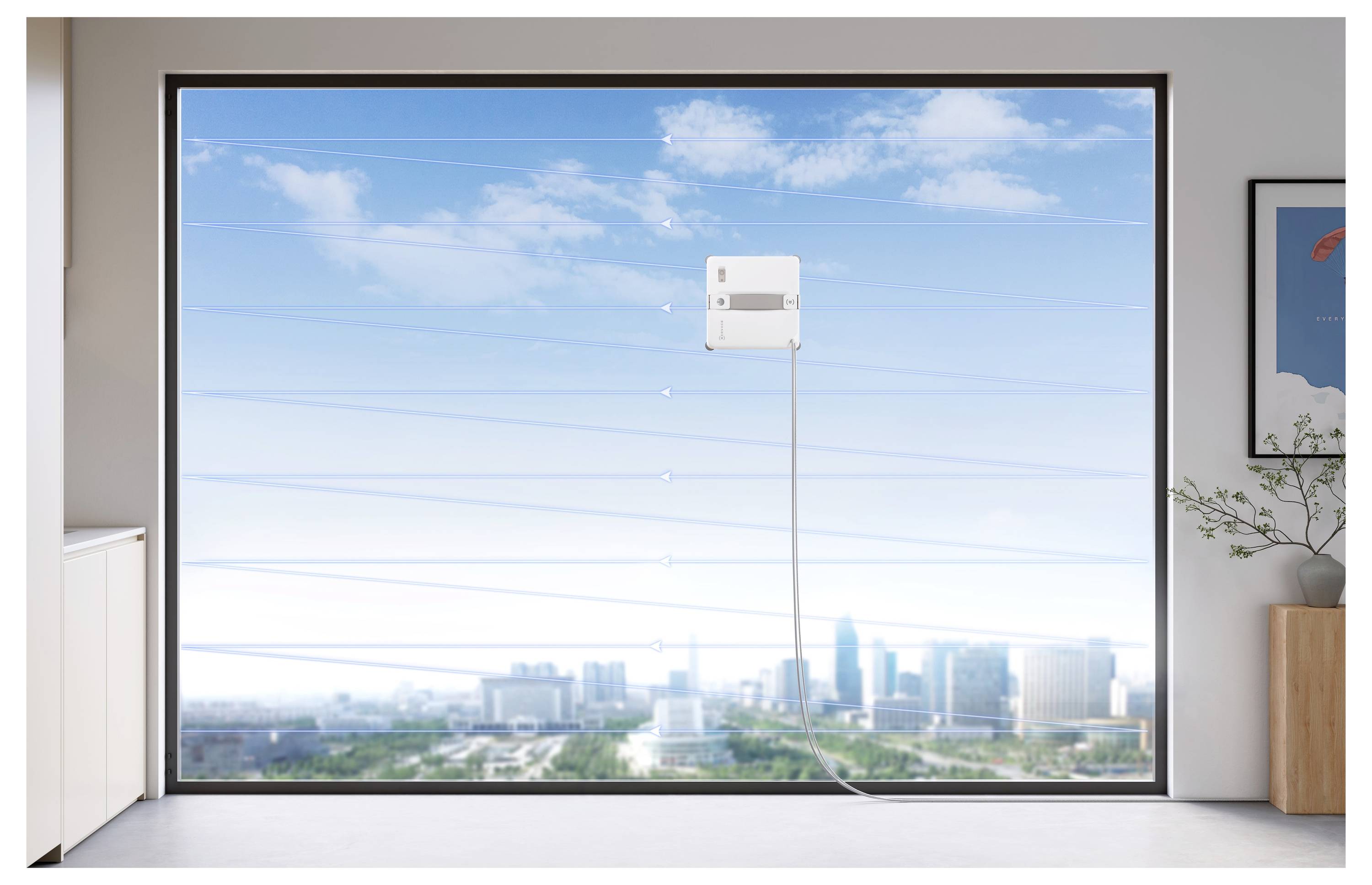 A window-mounted white air conditioner or purifier stands against a large picture window overlooking a city skyline and blue sky.