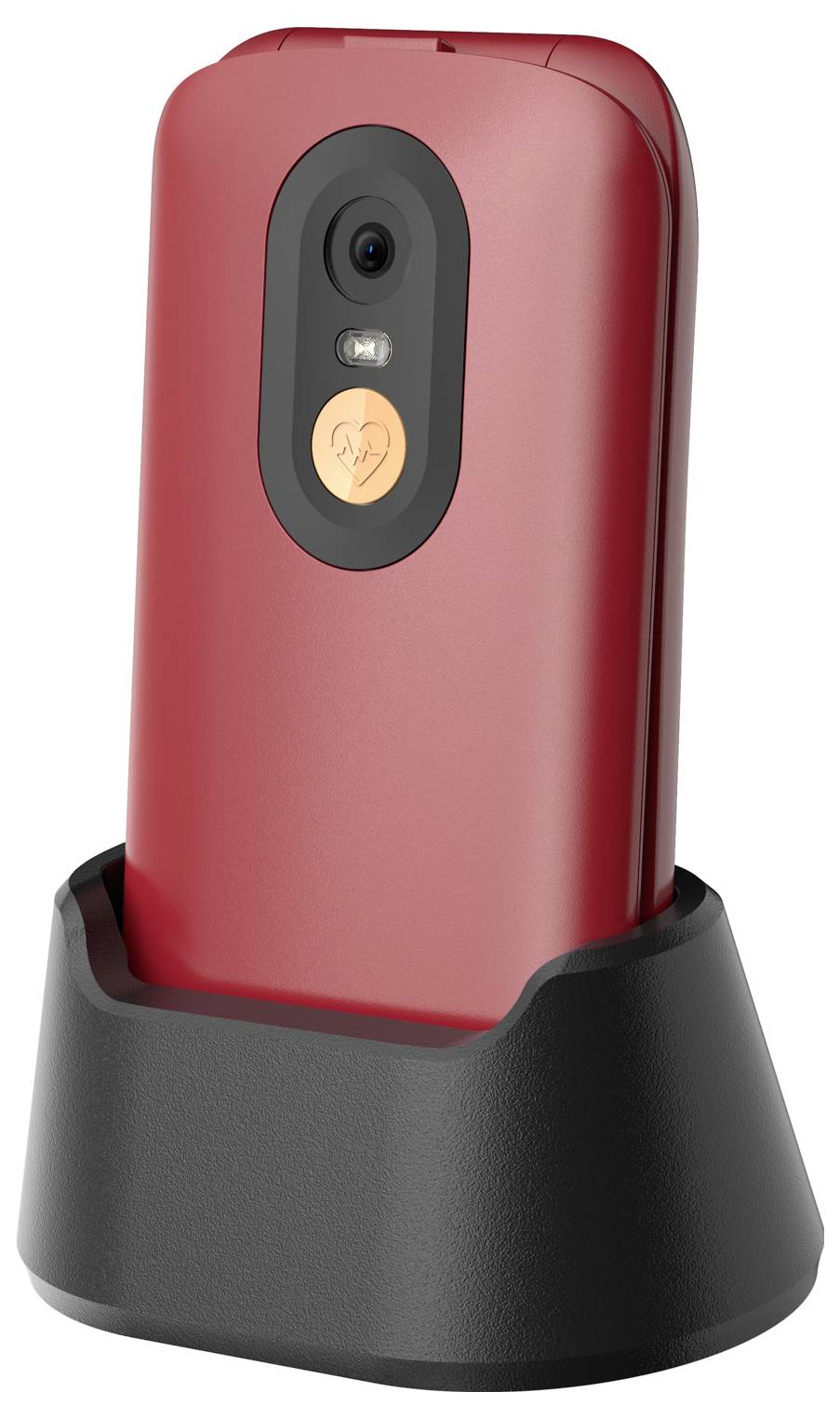 Red mobile phone standing upright in a black charging dock, showing the rear camera and flash.