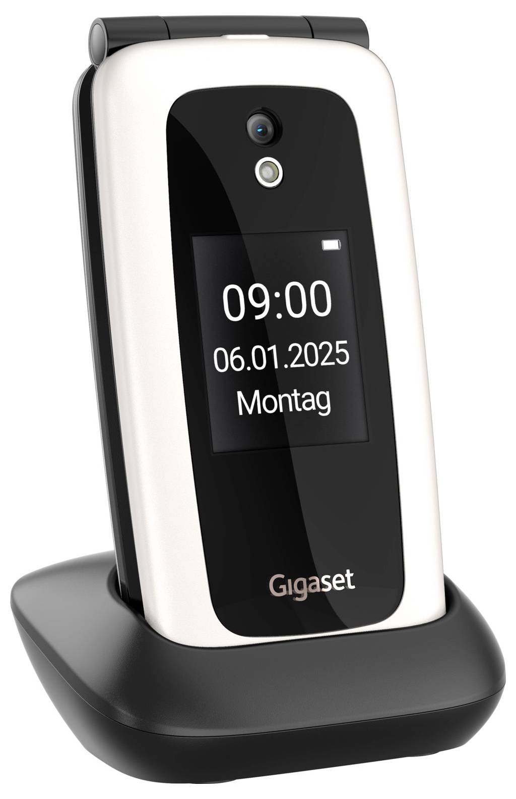 Gigaset cordless phone handset on charging dock, showing 09:00 and date 06.01.2025, Monday on its display.