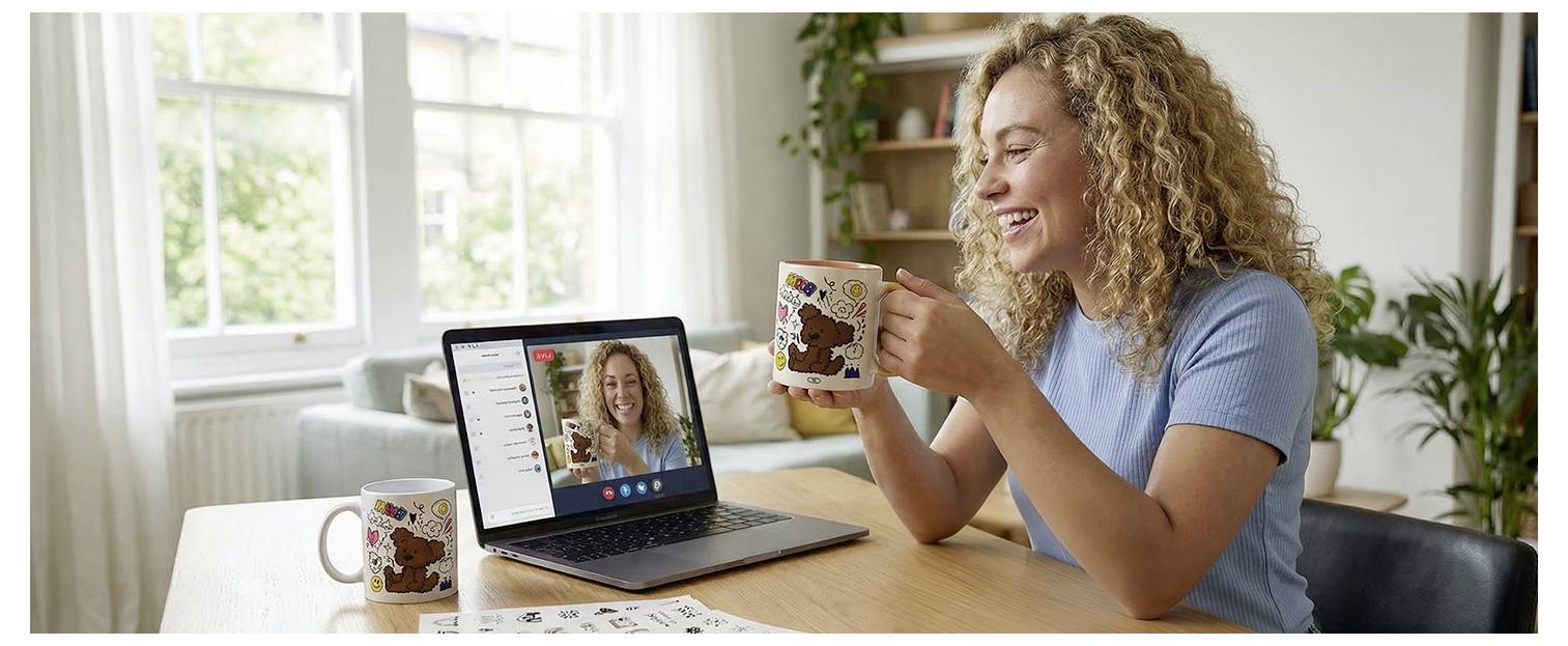 Woman smiling during a video call on a laptop while holding a mug at a kitchen table by a sunny window.