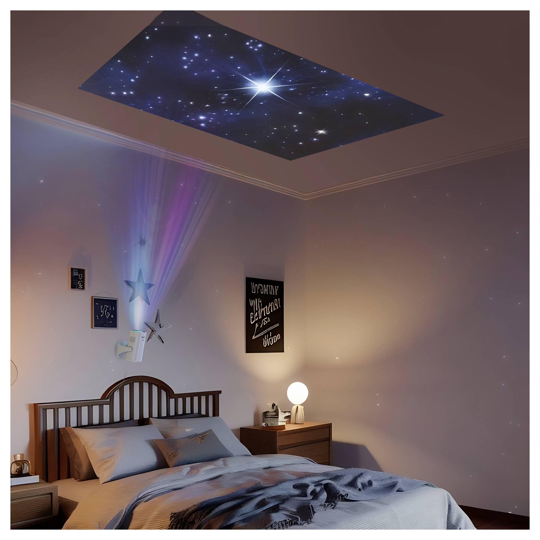 Bedroom with a starry sky projector on the ceiling, creating a galaxy effect above the bed and nightstand lamp.